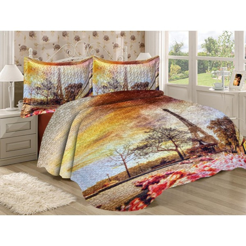 Doruklar Home Collection Pamuk Dolgulu Paris Eyfel Desenli Yatak Odası Çift Kişilik Kapitone Yatak Örtüsü Seti - 240 x 260 cm - Renkli Yatak Örtüsü Fiyatı