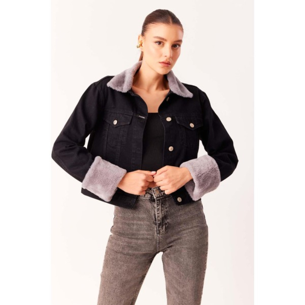 Dosse Butik Kolları Gri Peluşlu Siyah Kısa Denim Kot Ceket Bayan Ceket Fiyatı