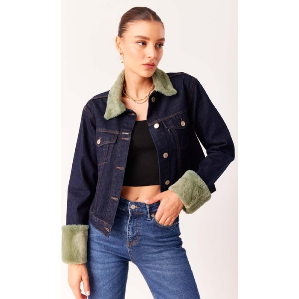 Dosse Butik Kolları Yeşil Peluşlu Lacivert Kısa Denim Kot Ceket Bayan Ceket Fiyatı