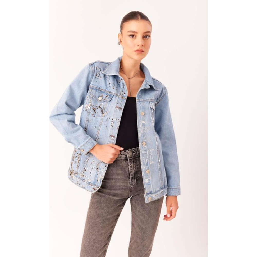 Dosse Butik Leopar Varak Baskılı Kar Yıkama Açık Mavi Oversize Denim Kot Ceket Bayan Ceket Fiyatı
