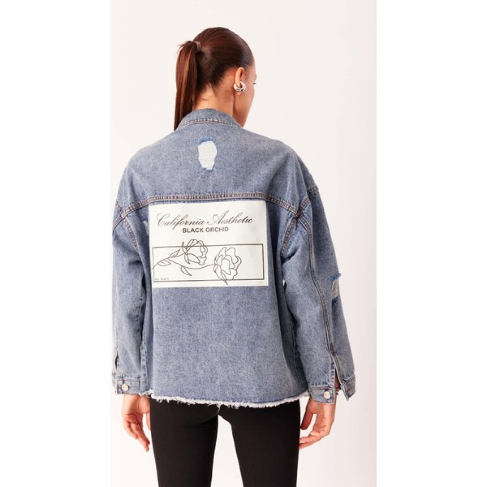 Dosse Butik Yırtık Detaylı Gül Baskılı Oversize Kar Yıkama Açık Mavi Denim Kot Ceket Bayan Ceket Fiyatı