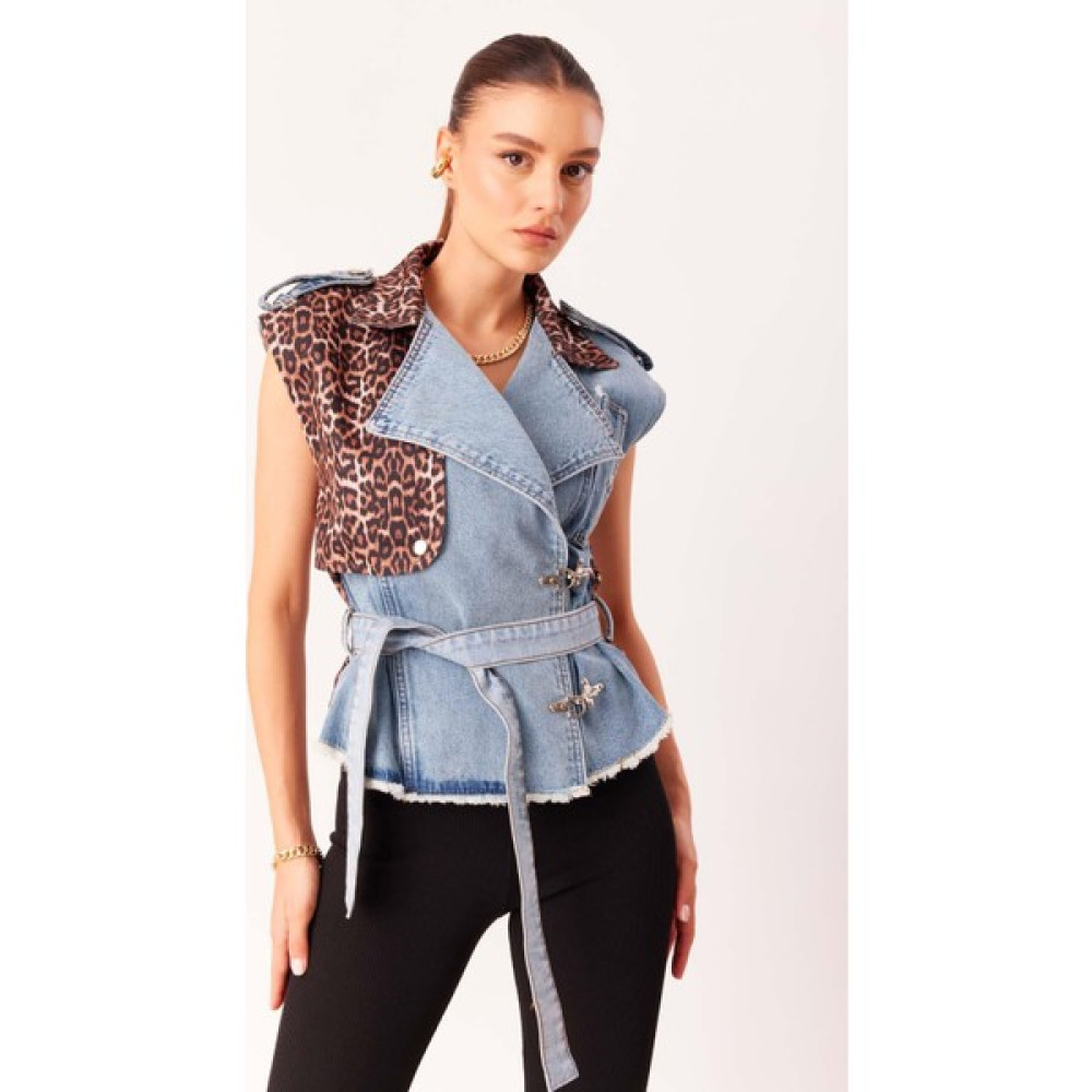 Dosse Kadın Yeni Sezon Leopar Desenli Belden Bağlamalı Kolsuz Denim Kumaş Kot Yelek Kadın Yelek Fiyatı