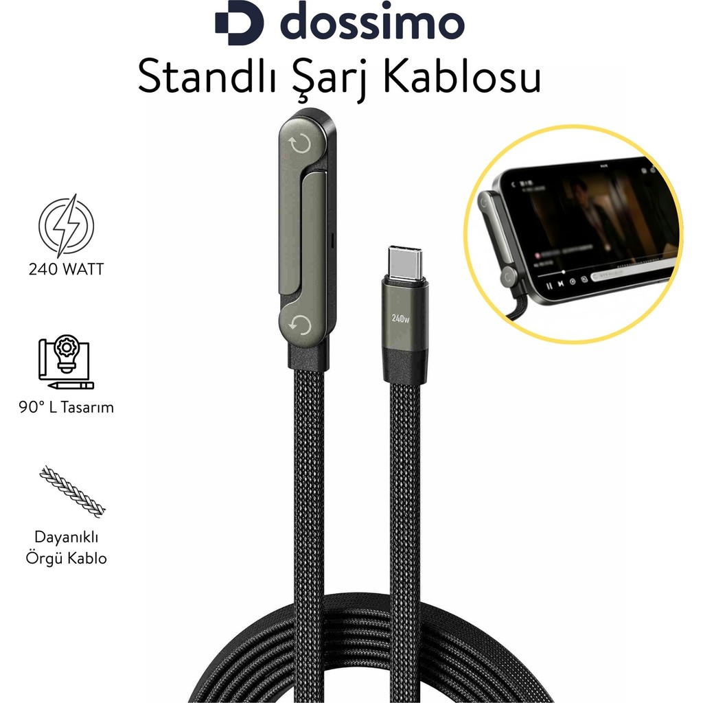 Dossimo 240W Ultra Hızlı Type-C Şarj Data Kablosu Katlanabilir Standlı 1.5m Örgülü 2 In 1 Stand+Şarj Kablosu - Siyah Bilgisayar Çevirici ve Adaptörü Fiyatı