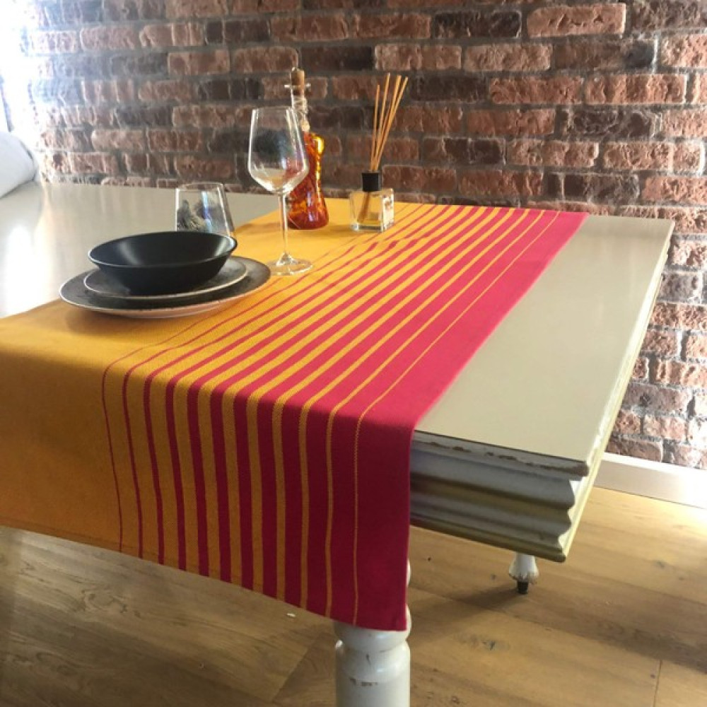 Dost Tekstil Çizgili Masa Örtüsü - Fuşya - Sarı - 55 x 130 cm Masa Örtüsü Fiyatı