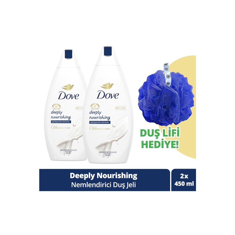 Dove Nemlendirici Duş Jeli Deeply Nourishing 450ml x2 + Duş Lifi Hediye Duş Jelleri ve Banyo Köpükleri Fiyatı