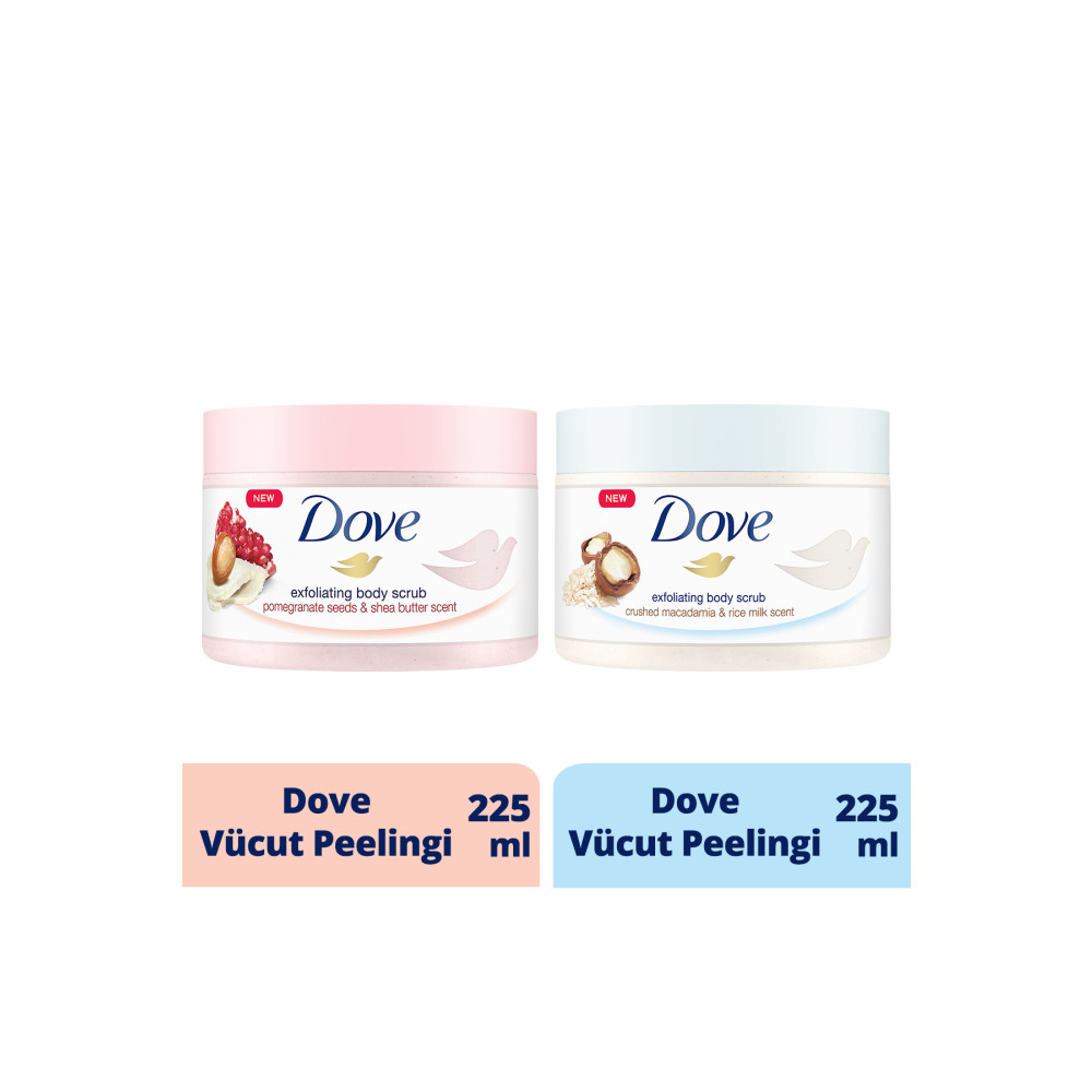 Dove Vücut Peelingi Nar Çekirdeği ve Shea Yağı 225 ml + Macademia Fındığı ve Pirinç Sütü 225 ml Vücut Bakımı Fiyatı