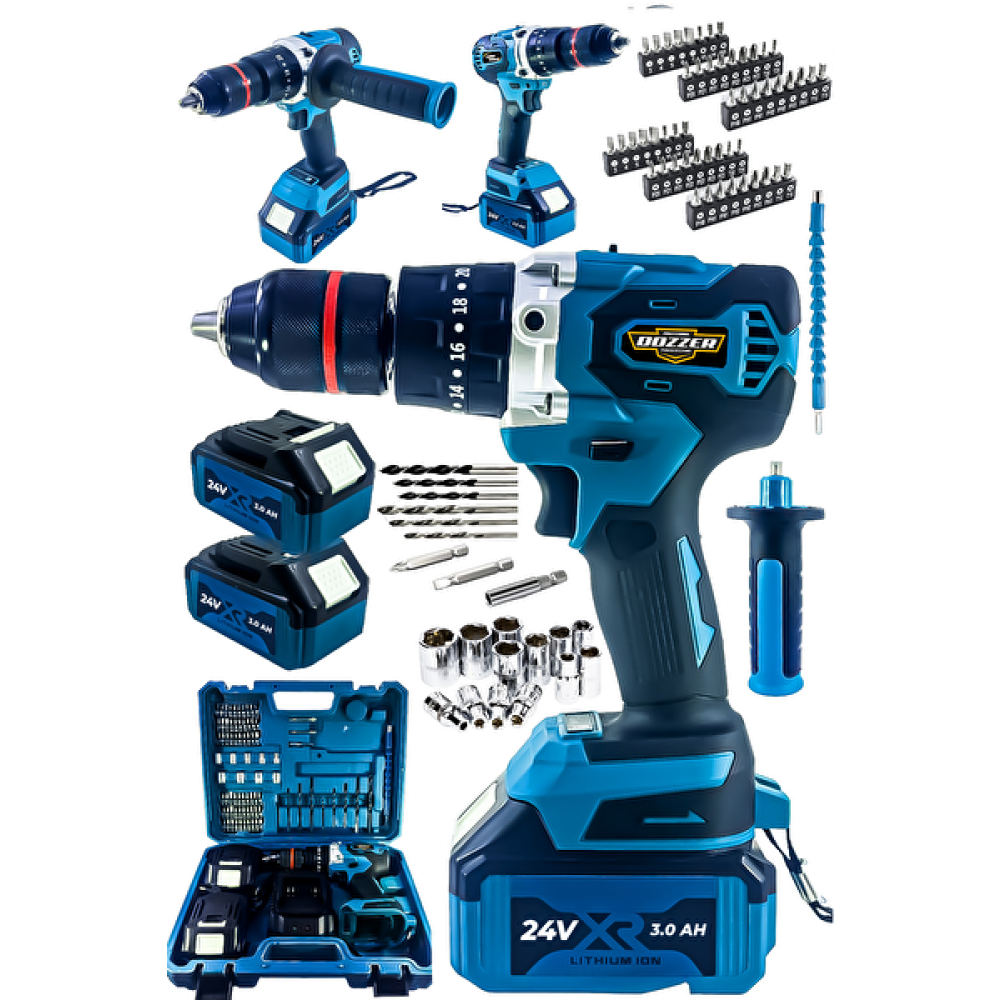 Dozzer KLQ 24Vf 3AH 82 Parça Set 13 MM Çelik Mandren Tek Akü 10 Pil 2 Akülü Darbeli Şarjlı Vidalama Matkap Meyve Sıkacakları Fiyatı