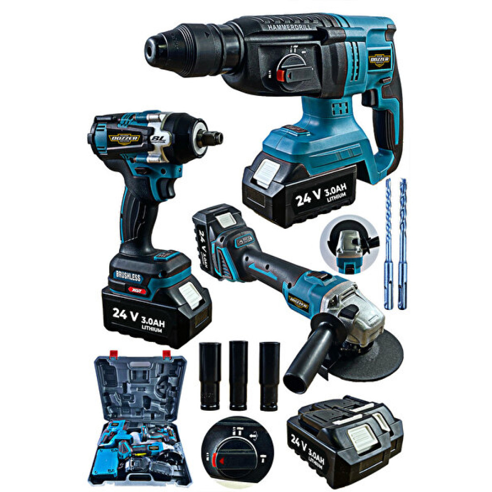 Dozzer Tr2430 Brushless Motor Mega 3'lü Set Şarjlı Kırıcı Şarjlı Taşlama ve Bijon Somun Sökme Matkap Meyve Sıkacakları Fiyatı