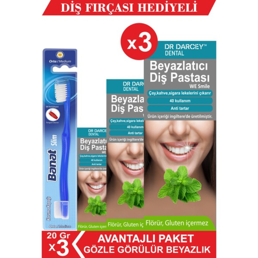 Dr Darcey Beyazlatıcı Diş Pastası 20 Gr*3 Adet + Banat Diş Fırçası Hediye Diş Beyazlatıcılar Fiyatı