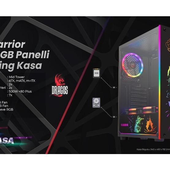 Dragos Warrior 3X Rgb Fan USB 3.0 500 W 80+ Plus Atx Ön Panel Led Gaming Kasa
