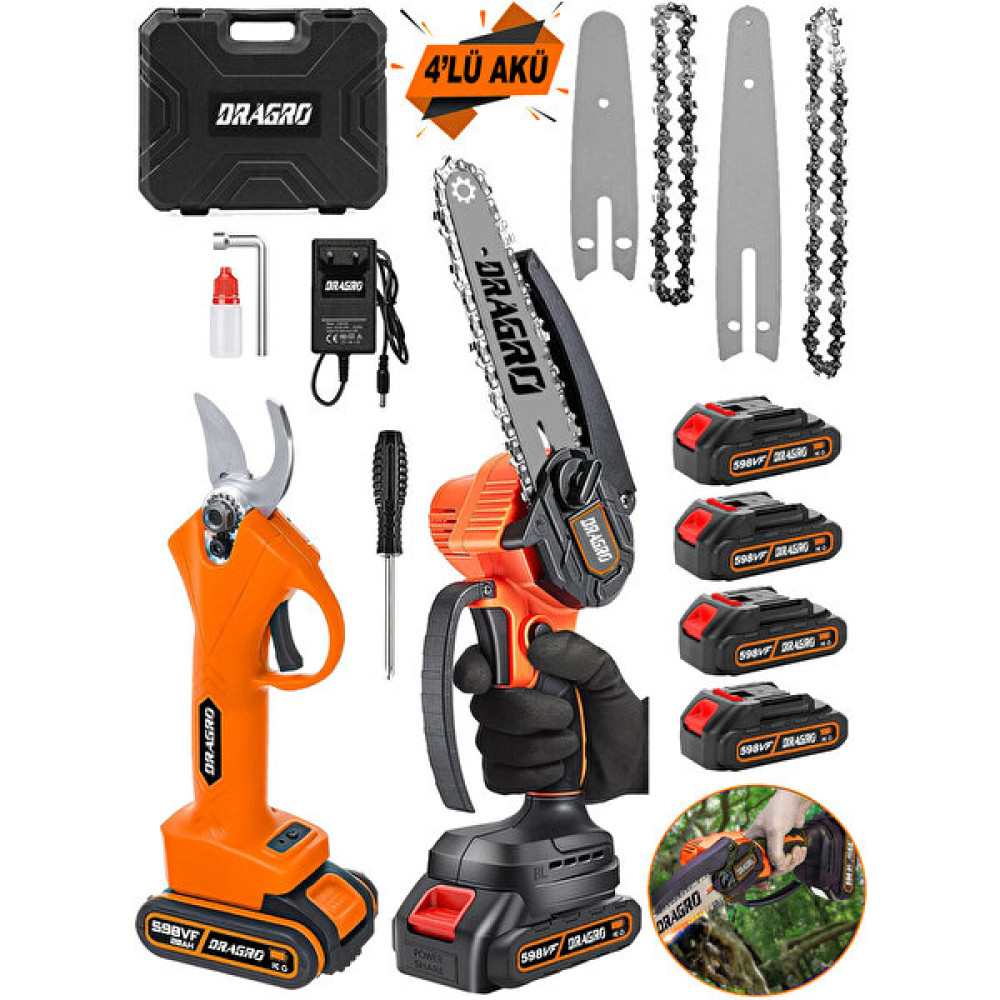 Dragro Alman Pro 598 Vf 20 Ah 2'li Set 4 Akülü Çelik Şanzuman Şarjlı Dal Ağaç Kesme Bağ Budama Makası Dal Budama Makineleri Fiyatı