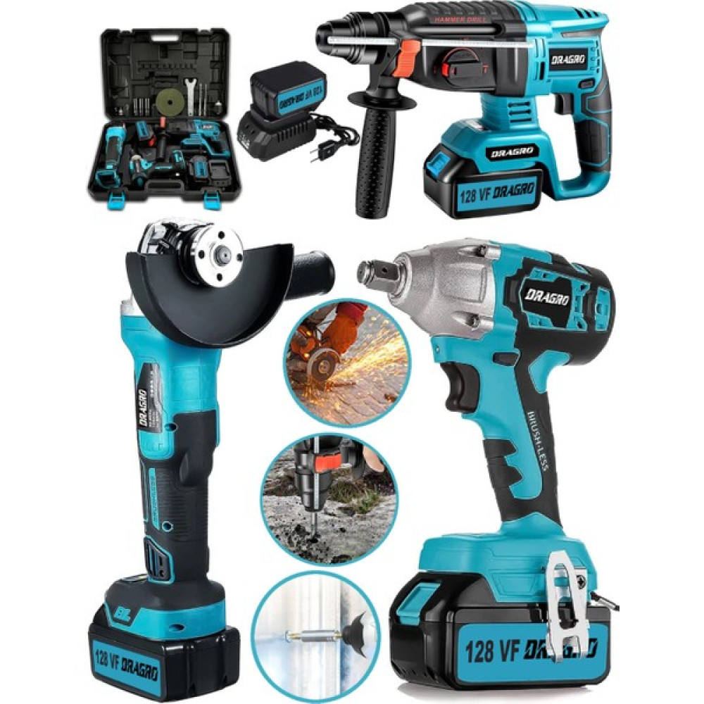 Dragro Germany Pro 128 V 3'lü Set Kırıcı Delici Somun Sıkma Taşlama Makinesi 2 Akülü Kömürsüz Full Set Somun Sıkma Makinesi Fiyatı