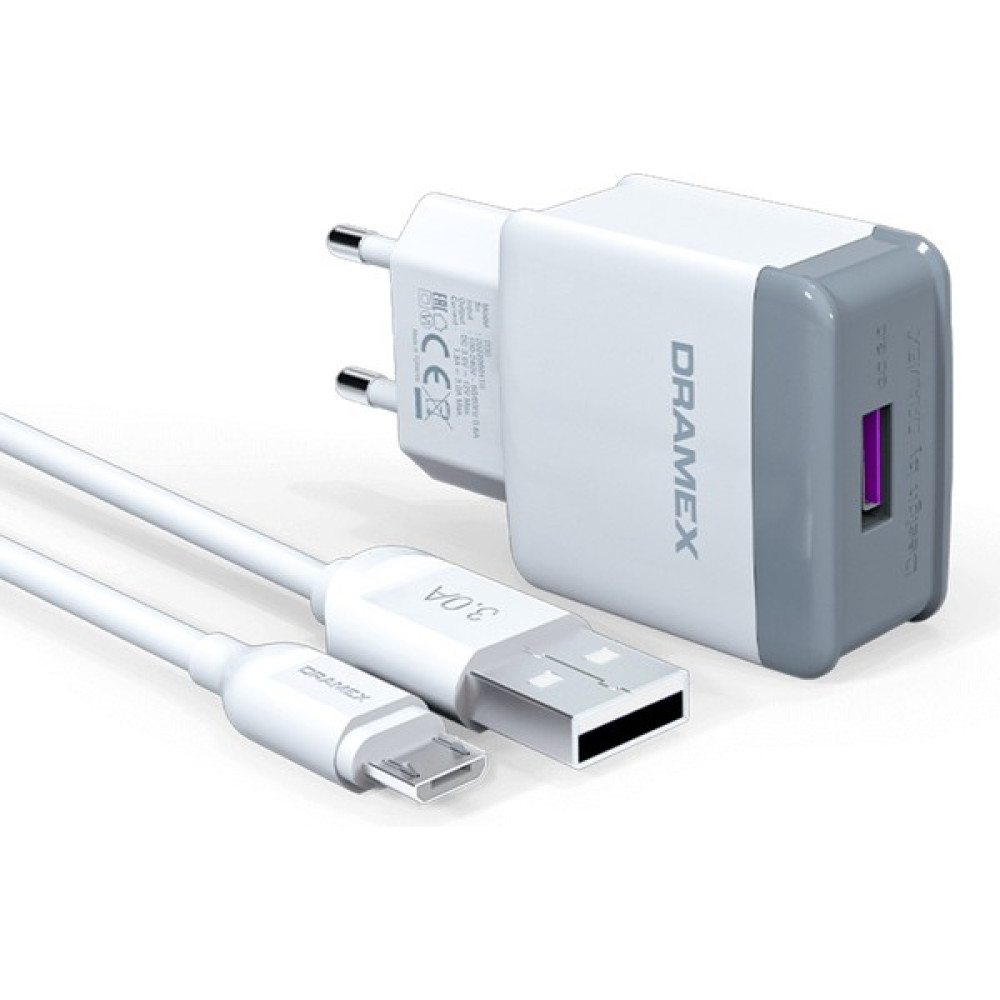 Dramex D30M Şarj Aleti Micro USB Kablolu Set 3.0A - Beyaz Cep Telefonu Şarj Cihazı Fiyatı