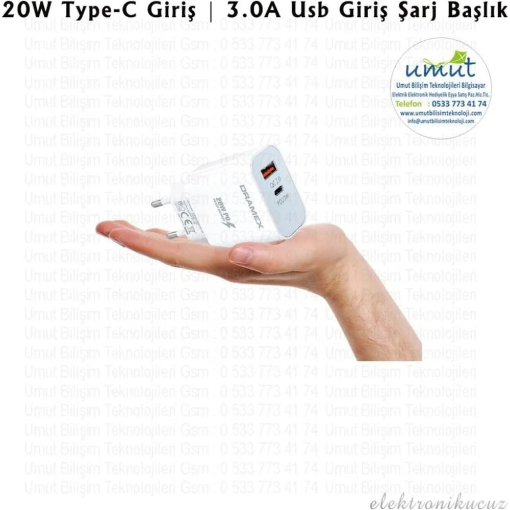 Dramex Ikisi Bir Arada Pd Şarj Adaptör DPQ20B 20W Type-C Giriş 3.0A USB Giriş Şarj Başlık Iki Çıkışlı Adaptör Cep Telefonu Şarj Cihazı Fiyatı