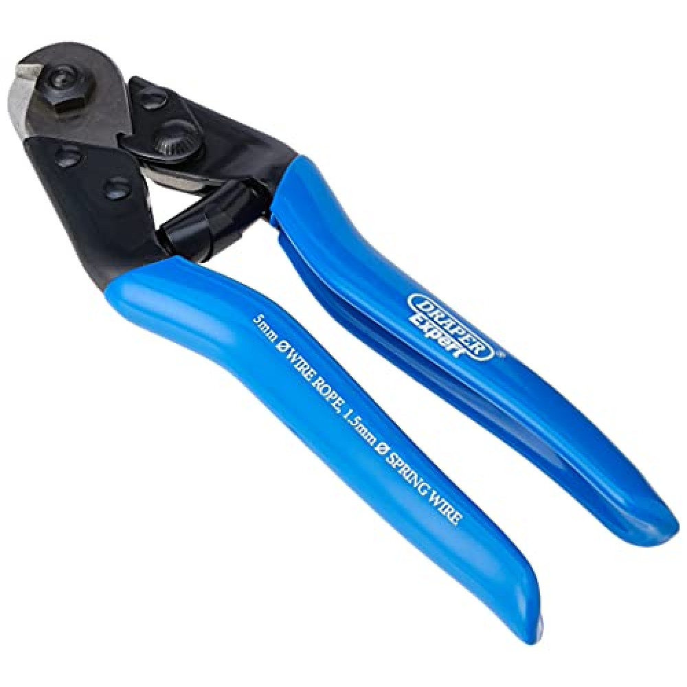 Draper Expert 190mm Wire Rope Cutter 5mm Max | 1.5mm Max Cutting Spring Wire Capacity | SK5 High Carbon Steel Blades | Vinyl Grips | Safety Lock | 57768