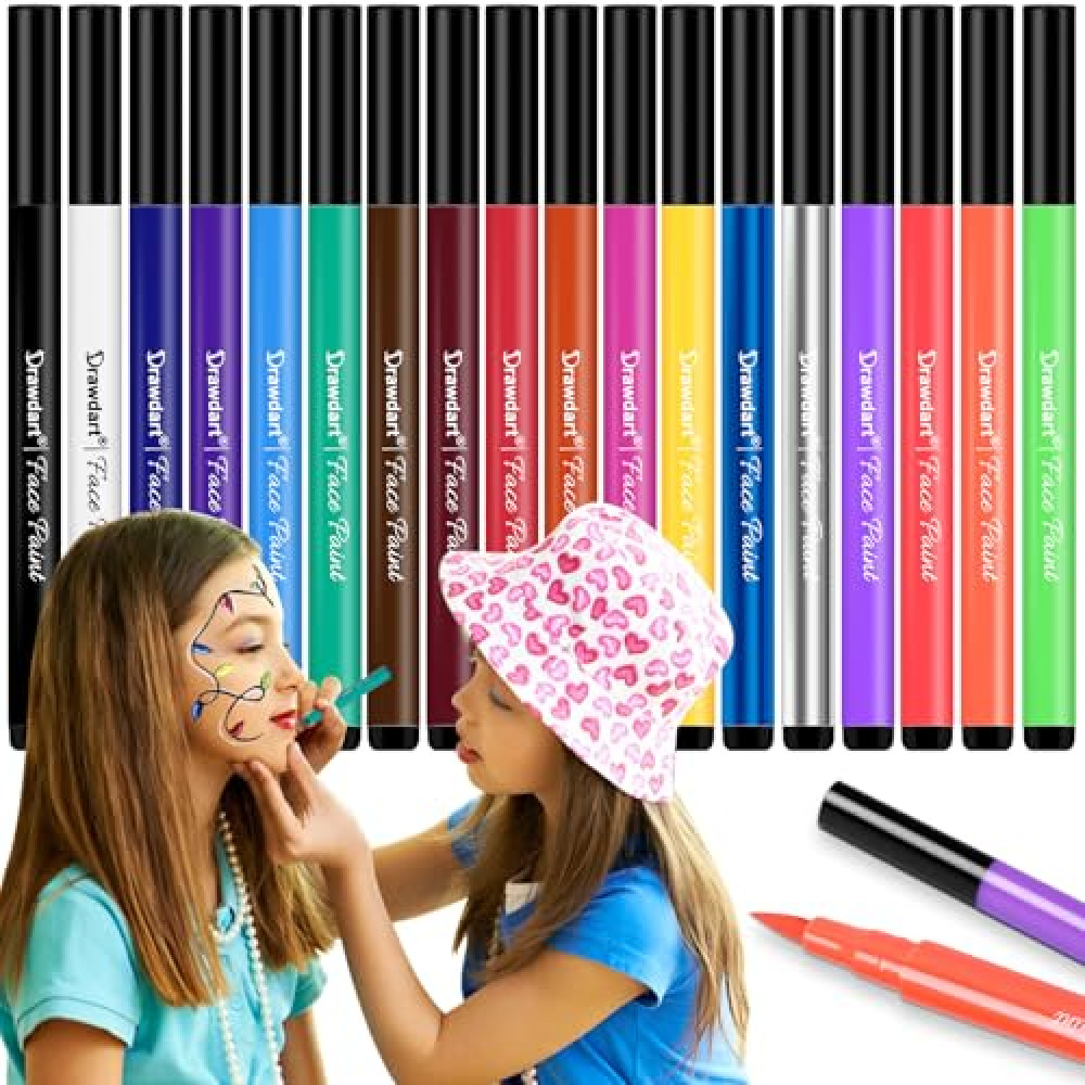 Drawdart 18 Colors Face Painting Markers - Water Resistant, Sweatproof, Waterproof Tattoo Pen for Halloween Body Paint - Anti-Smudge for Party, Kids, Adults Face & Finger Paint Fiyatı