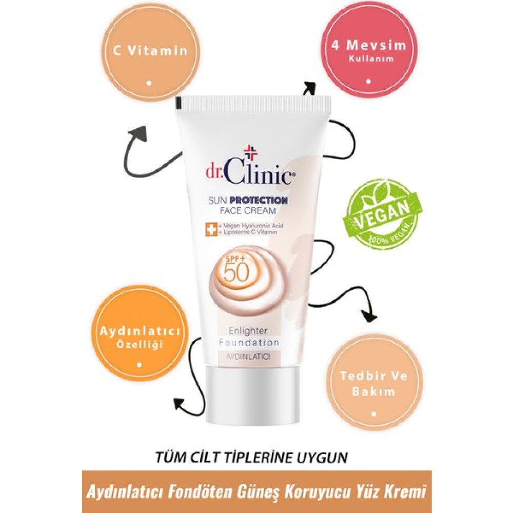 Dr.Clinic Aydınlatıcı Fondöten Güneş Koruyucu Yüz Kremi Spf +50 Güneş Kremleri ve Losyonları Fiyatı