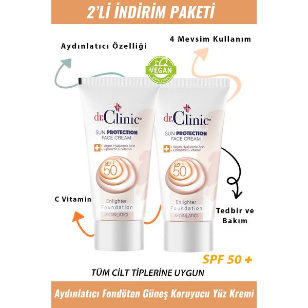 Dr.Clinic Aydınlatıcı Fondöten Güneş Koruyucu Yüz Kremi Spf + 50 2'li Set Güneş Kremleri ve Losyonları Fiyatı