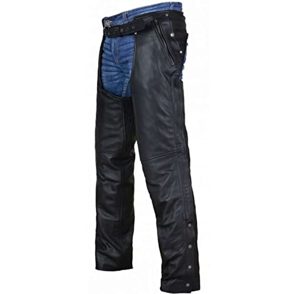 Dream Apparel Black Leather Motorcycle Riding Chaps for Men and Women W/Removable Liner and Four Deep Pockets, Cowboy Biker Chaps Pants (Size L)