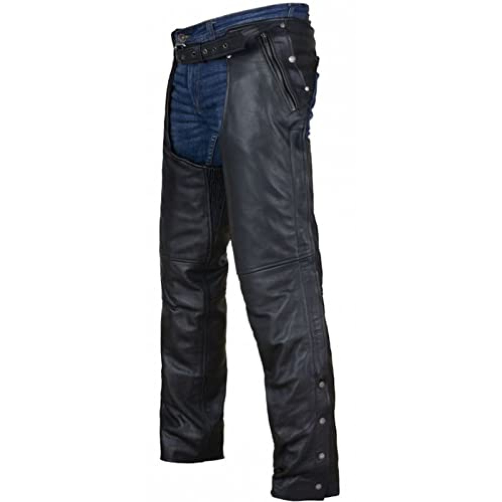 Dream Apparel Black Motorcycle Leather Chaps for Men Women Riding with Zip Out Liner, Cowboy Biker Chap Pants with Four Deep Pockets, M