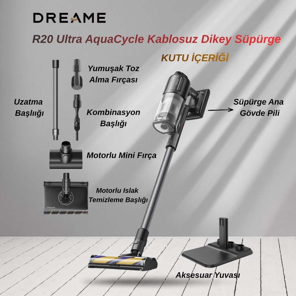 Dreame R20 Ultra Aquacycle Kablosuz Dikey Süpürge - Gri - Siyah - KABLOSUZ DİKEY SÜPÜRGE Şarjlı Süpürgeler Fiyatı