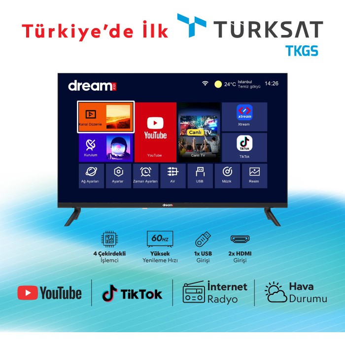 Dreamstar 32DSE100 32 İnç 82 Ekran | Uydu Alıcılı | Dahili Wi-Fi LED HD TV 1366 x 768 Çözünürlük Smart TV Uydu Alıcılı Televizyonlar Fiyatı