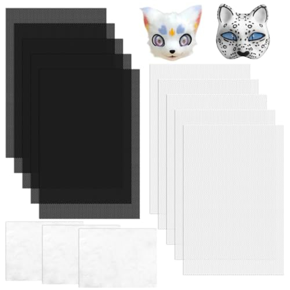 Dreamtop 10Pcs Mesh for Mask Eyes, 0.5mm Waterproof Printable Plastic Cosplay Furry Eye Mesh Canvas and 3Pcs Felt Sheets for Costume Roleplay, Fursuits, Therian, Handicrafts(11.81x7.87", White&Black)