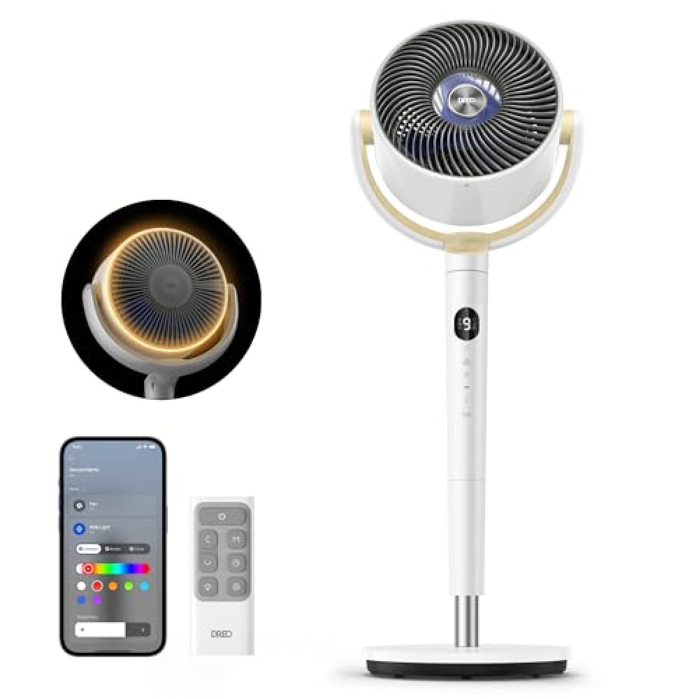 Dreo Smart Fan for Bedroom, 120° +120° Omni-Directional Oscillating Fans, 90ft Quiet Pedestal Fan with RGB Light, 9 Speeds, 6 Modes, 20dB, 8H Timer, Wi-Fi/Voice/Alexa, 37-42" Floor Fans with Remote Ventilation Fan Fiyatı