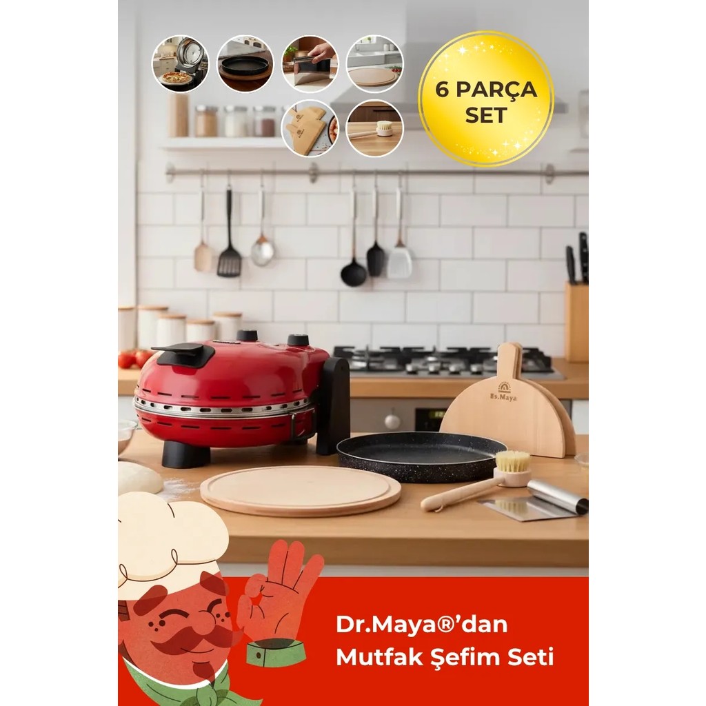 Dr.maya® | Mutfak Şefim Seti Ürün Grubu - 6 Parça | Pro Plus Taş Fırın (Kırmızı) + Mutfak Gereçleri - Kırmızı Diğer Fiyatı