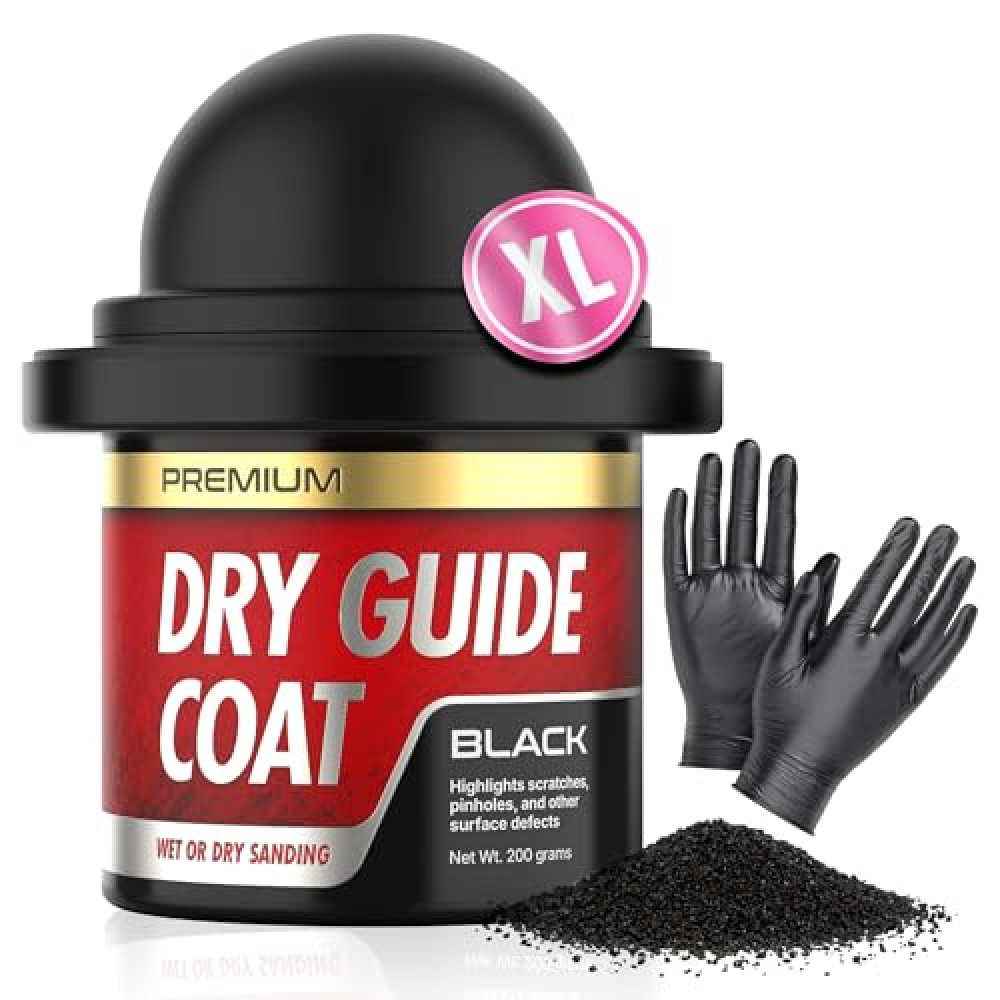 Dry Guide Coat Powder - Highlights Scratches, Pinholes, Low Spots & Other Defects, Extra Large Black Powder Coat for Wet & Dry Auto Body Sanding - Guide Coat Auto Body w/Nitrile Gloves 200g