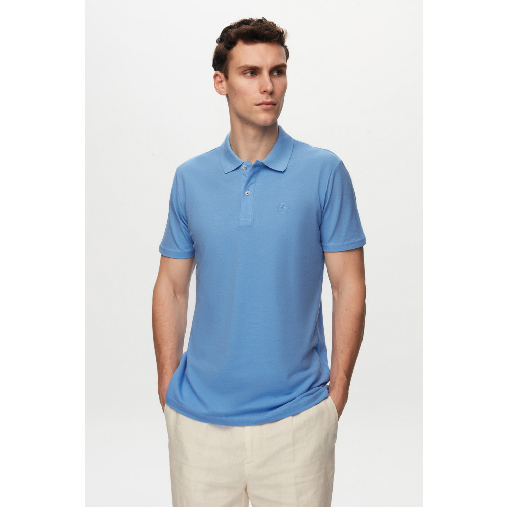 DS Damat Regular Fit Mavi Pike Dokulu %100 Pamuk Polo Yaka Nakışlı T-shirt S Beden Erkek T-shirt Fiyatı