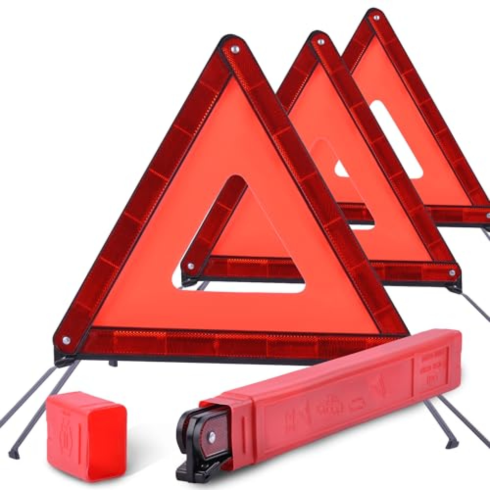 DSV Standard Emergency Triangles, Warning Triangles for Vehicles, Reflective Triangle, Safety Triangles with Case for Vehicles Breakdown, 3-Pack