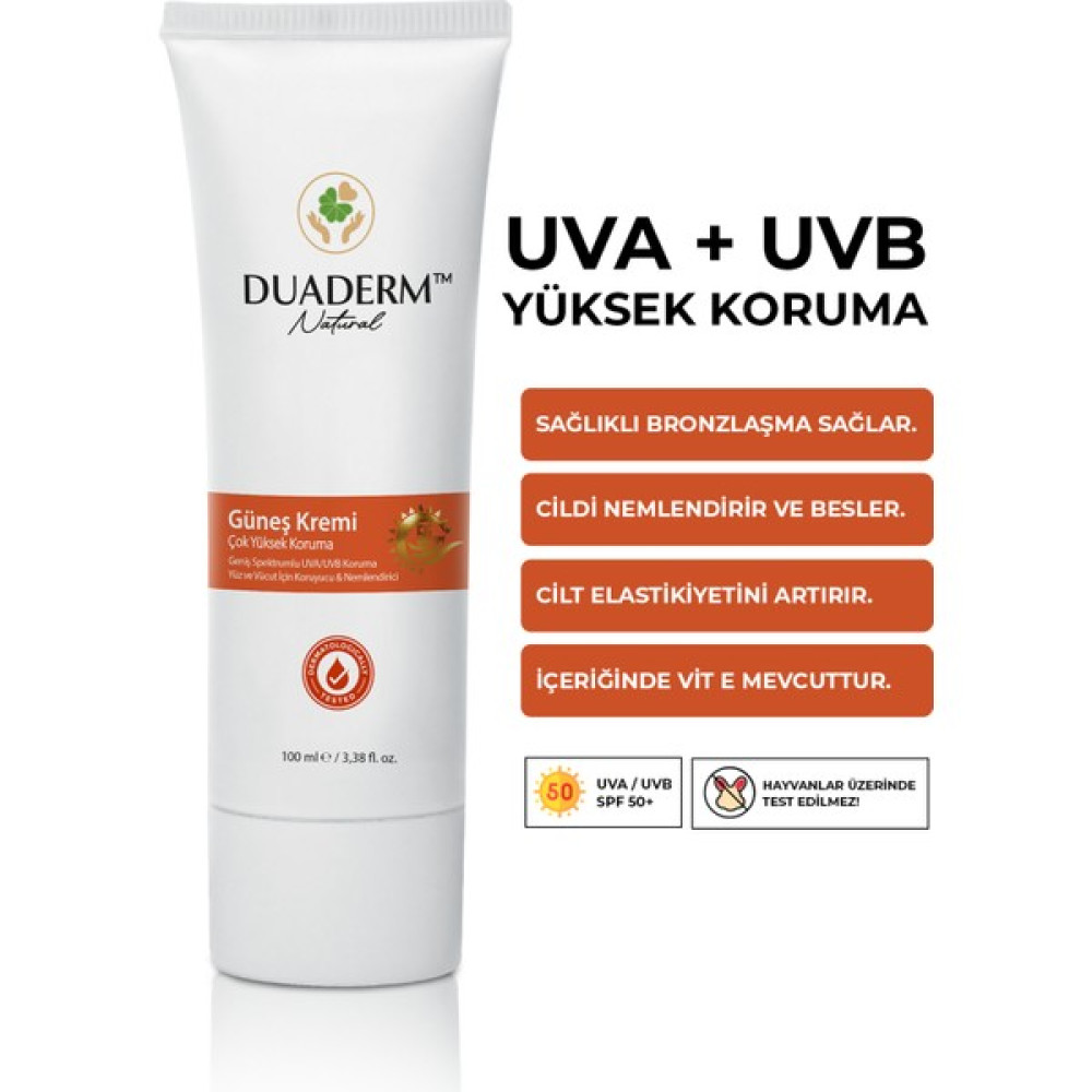 Duaderm Koruyucu Nemlendirici Yüz ve Vücut Güneş Kremi 50SPF (Vitamin E + Uva Uvb) 100ML Güneş Kremleri ve Losyonları Fiyatı