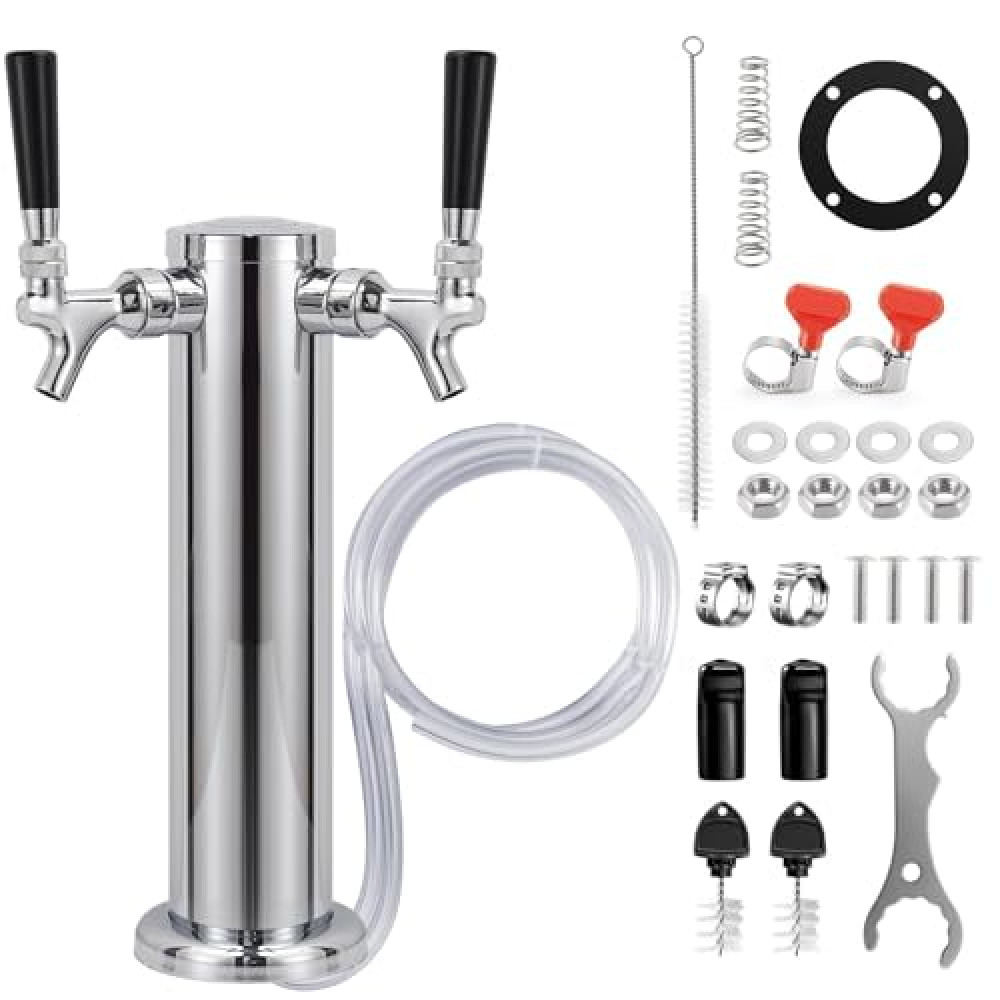 Dual Tap Kegerator Tower Dispenser Beer Tower Keg Tap Dispenser 3" Draft Pour Beer Dispenser Beer Faucet Self-Closing Beer Tap Stainless Steel Kegerator Tap Tower Kit with Pre-Assembled Kegerator Line