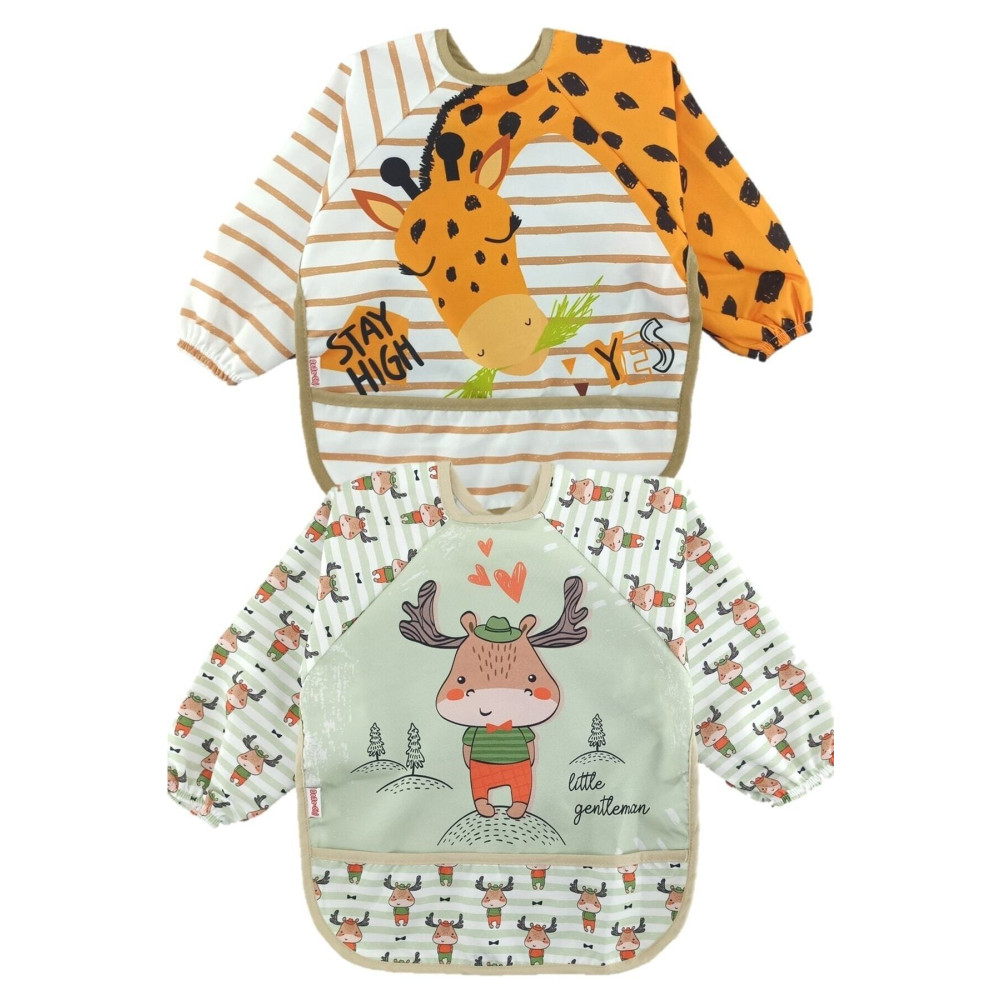 dubi baby Zürafa Ve Geyik Desen Kollu Cepli Bebek Mama Önlüğü Mama Önlüğü Fiyatı