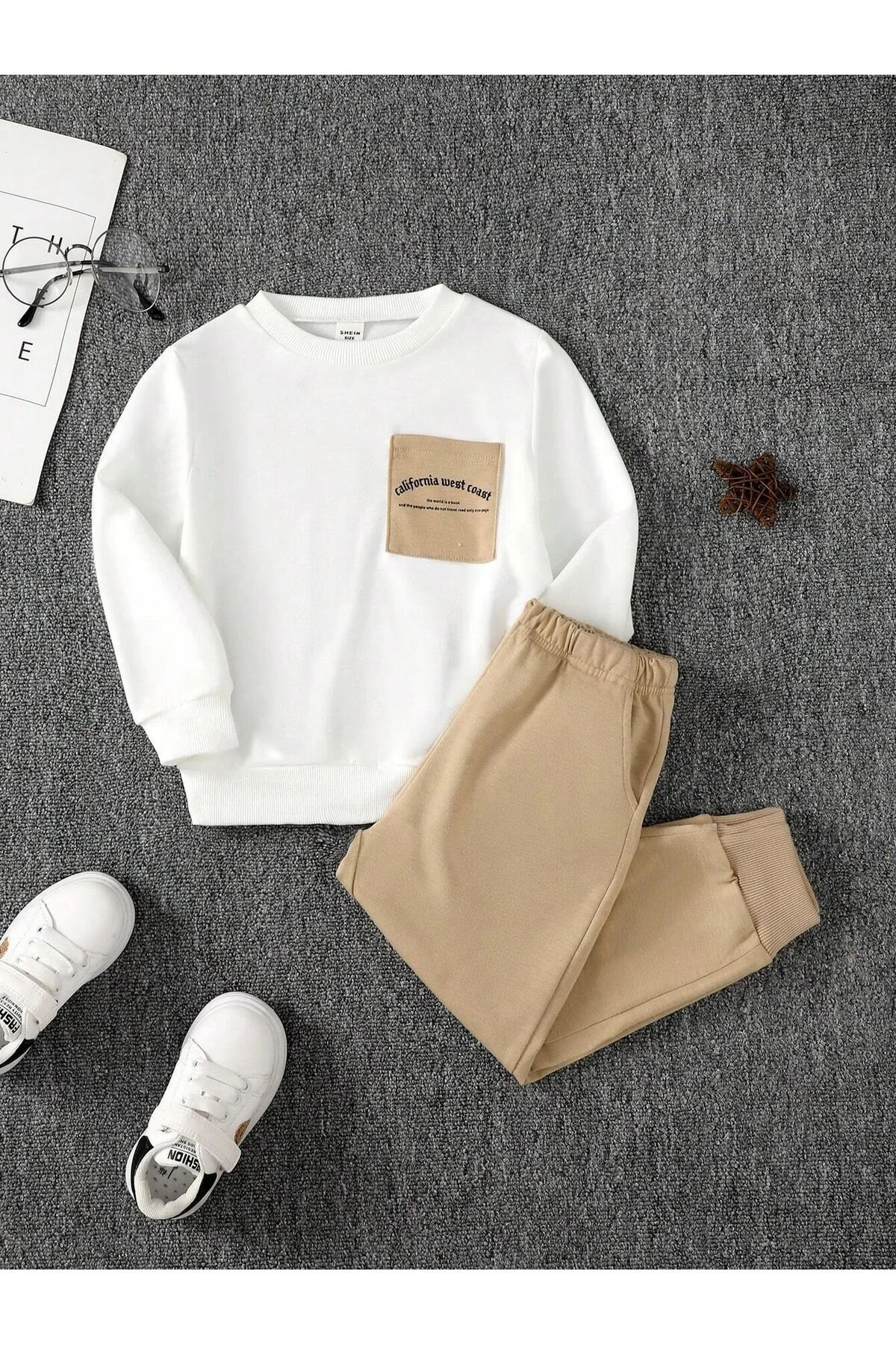 DUBU BUTİK California Pamuk Çocuk Takım - Beyaz Sweatshirt Bej Jogger Baskılı Kız Erkek Çocuk Bisiklet Yaka 7-8 Yaş Beden" Kadın Giyim Fiyatı