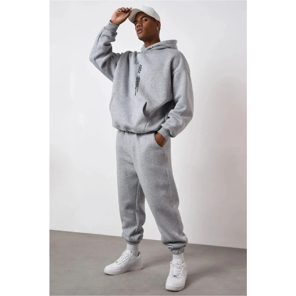 DUBU BUTİK Dikey Eşofman Takımı Sweatshirt Jogger - Gri Baskılı Oversize Şardonlu Kapüşonlu S Beden Kadın Eşofman Fiyatı