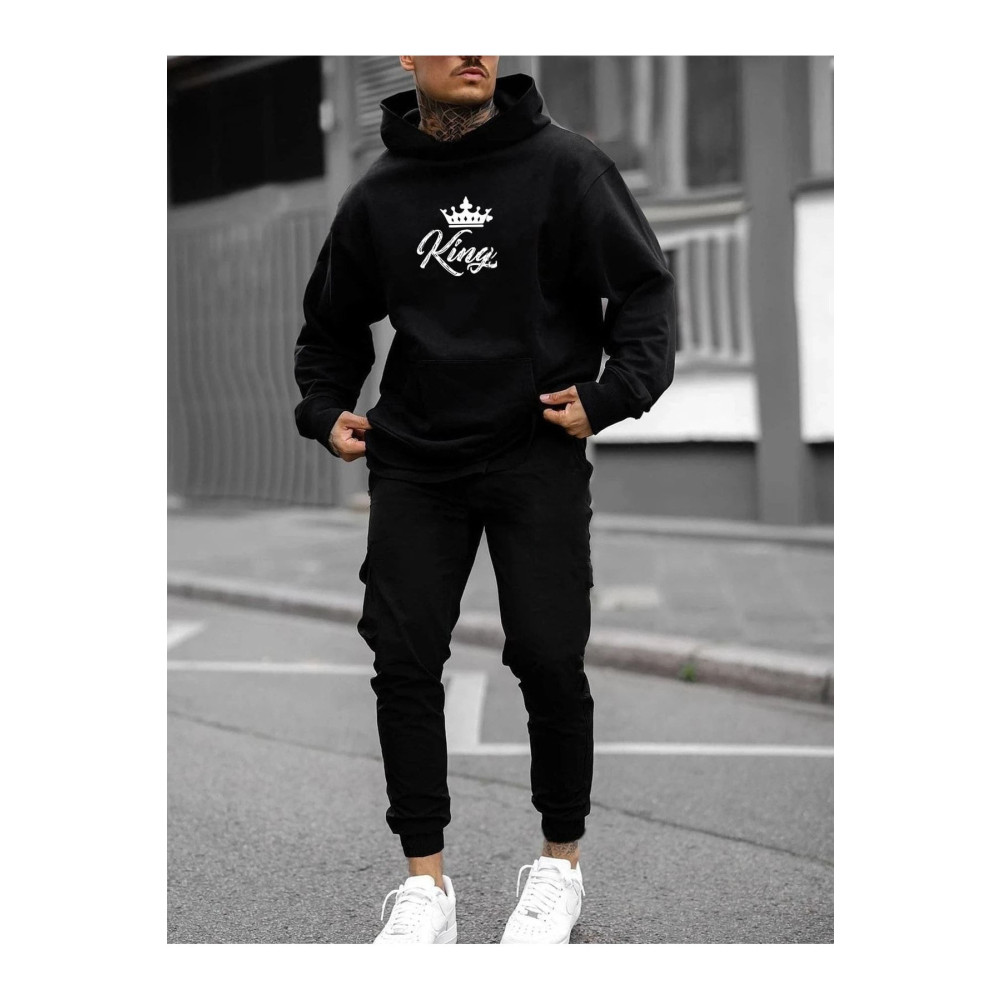 DUBU BUTİK King Eşofman Takımı Sweatshirt Jogger - Siyah Baskılı Oversize Şardonlu Kapüşonlu L Beden Kadın Eşofman Fiyatı