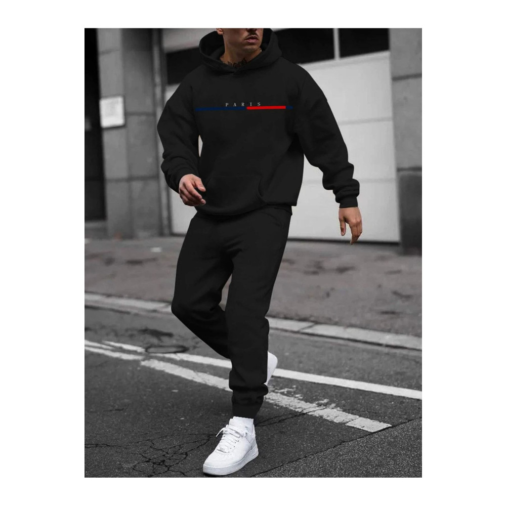 DUBU BUTİK Paris Çizgi Eşofman Takımı Sweatshirt Jogger - Siyah Baskılı Oversize Şardonlu Kapüşonlu L Beden Kadın Eşofman Fiyatı