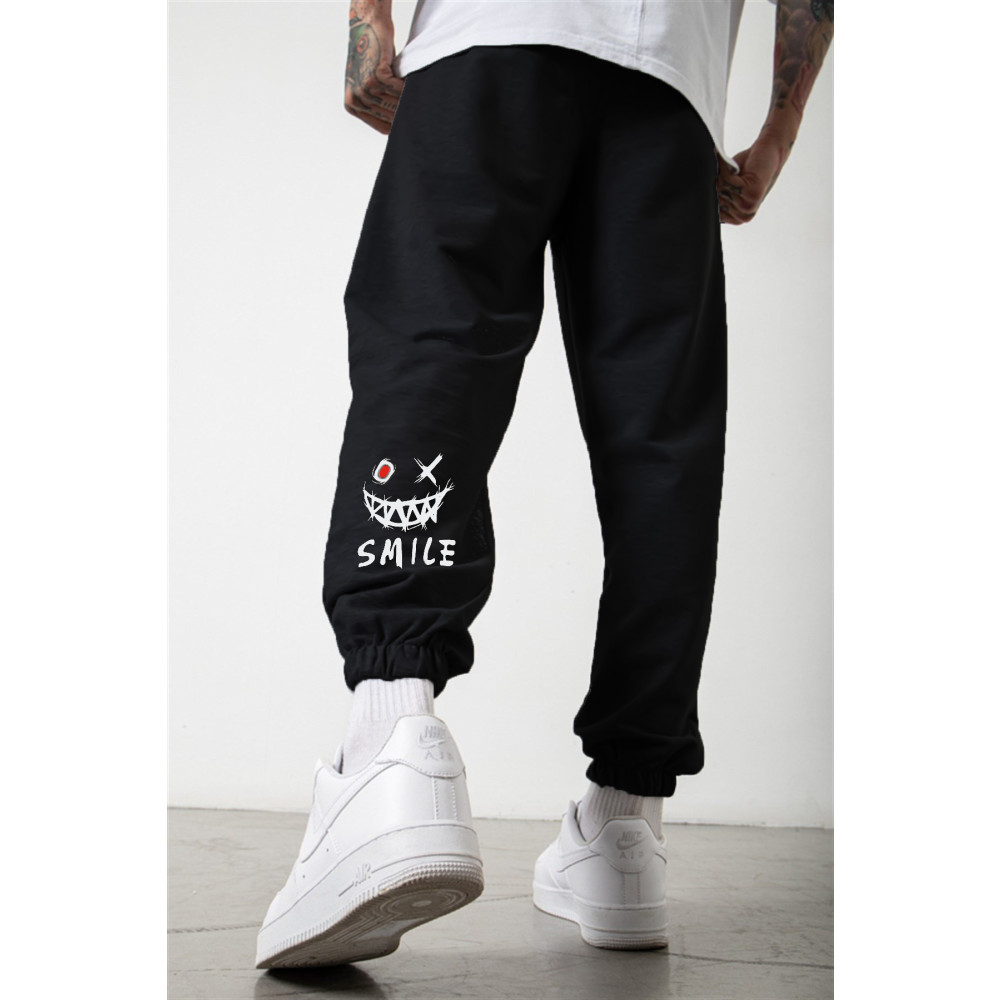 DUBU BUTİK Smile Face Siyah Jogger Eşofman Altı - Paça Baskı Detaylı Lastik Paça Baskılı Rahat Tarz L Beden Kadın Eşofman Fiyatı