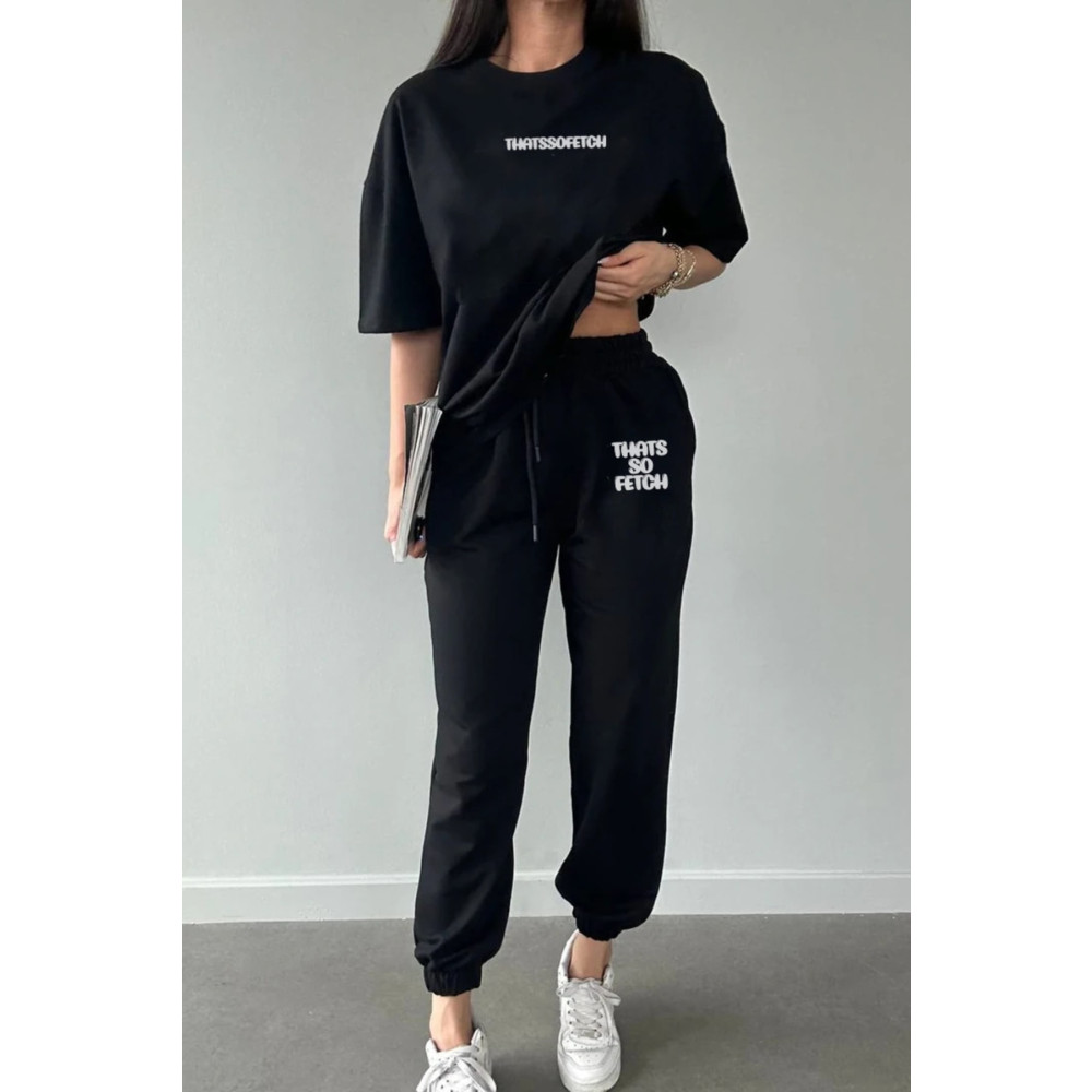 DUBU BUTİK T-shirt Eşofman Altı Jogger - Siyah Baskı Alt Üst Eşofman Takımı Oversize Bisiklet Yaka XL Beden Kadın Eşofman Fiyatı