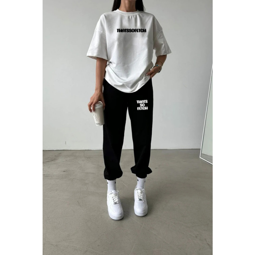 DUBU BUTİK Thatssofetch Beyaz T-shirt Siyah Eşofman Altı Jogger - Baskılı Alt Üst Takım Bisiklet Yaka L Beden Kadın Eşofman Fiyatı
