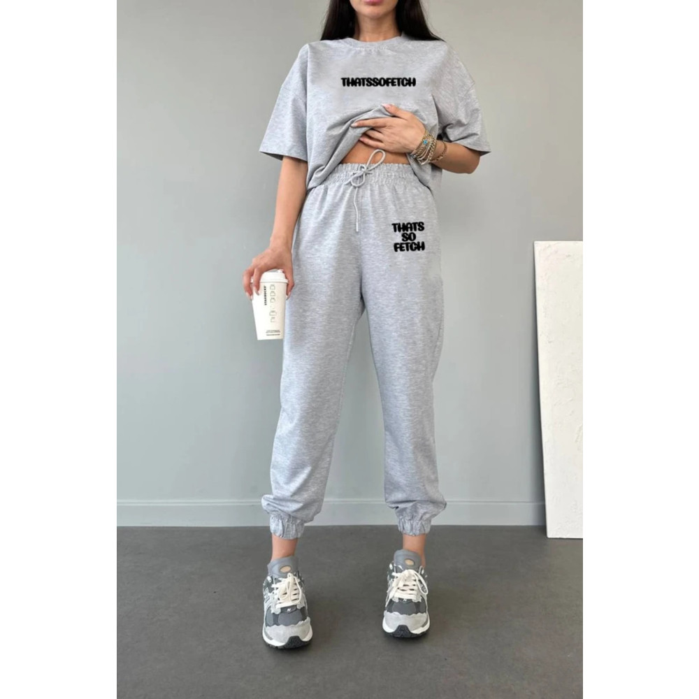DUBU BUTİK Thatssofetch T-shirt Eşofman Altı Jogger - Gri Baskı Alt Üst Eşofman Takımı Oversize Bisiklet Yaka L Beden Kadın Eşofman Fiyatı