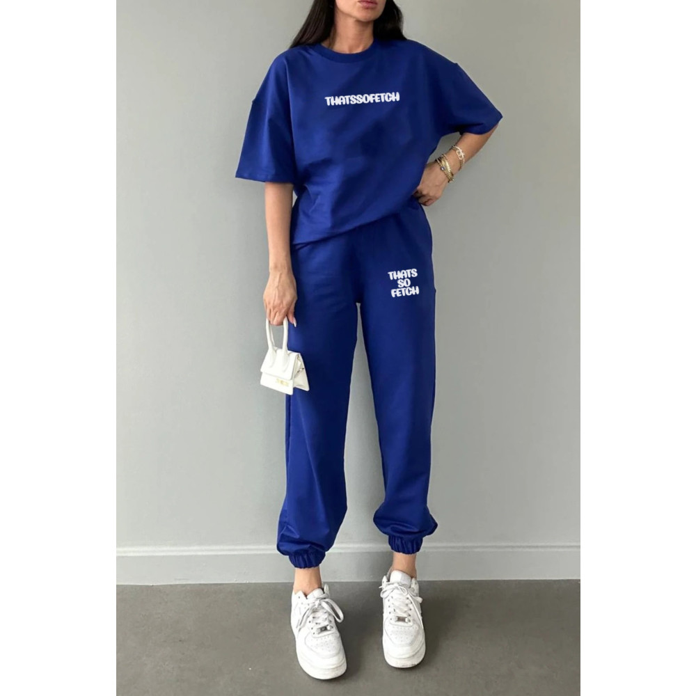 DUBU BUTİK Thatssofetch T-shirt Eşofman Altı Jogger - Mavi Baskı Alt Üst Eşofman Takımı Oversize Bisiklet Yaka L Beden Kadın Eşofman Fiyatı