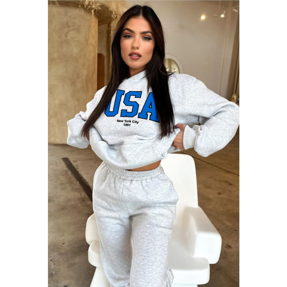 DUBU BUTİK Usa Eşofman Takımı Sweatshirt Jogger - Gri Baskılı Oversize Şardonlu Kapüşonlu XL Beden Kadın Eşofman Fiyatı
