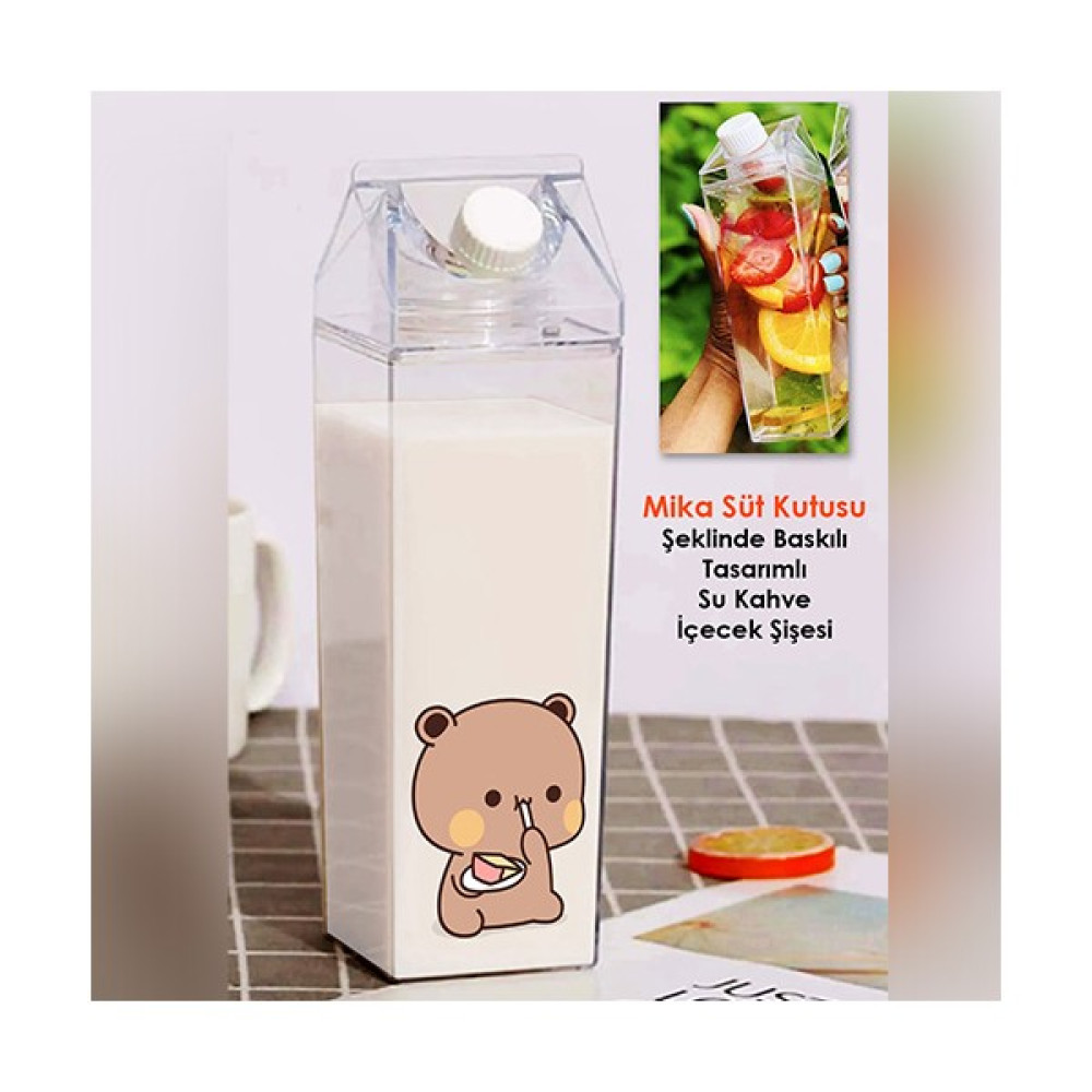Dudu Bubu Ayıcık Sevgili Çift Baskılı Mika Süt Kutu Tasarımlı Su Kahve Şişesi -Cam Değildir- 500 ml - Şeffaf Fincan / Bardak / Kahve Takımı Fiyatı