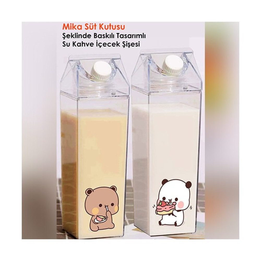 Dudu Bubu Ayıcık Sevgili Çift Baskılı Mika Süt Kutu Tasarımlı Su Kahve Şişesi Ikili Set -Cam Değildir- 500 ml - Şeffaf Fincan / Bardak / Kahve Takımı Fiyatı