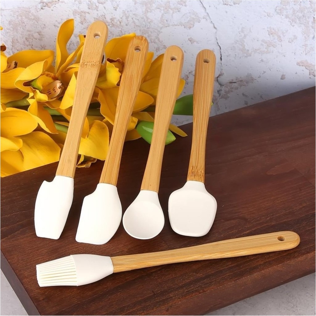 Duffa 5 Parça Bambu Silikon Spatula Kaşık Fırça Seti Bambu Mini Kaşık Spatula Fırça Seti Yüksek Kalite - Çok Renkli Diğer Fiyatı