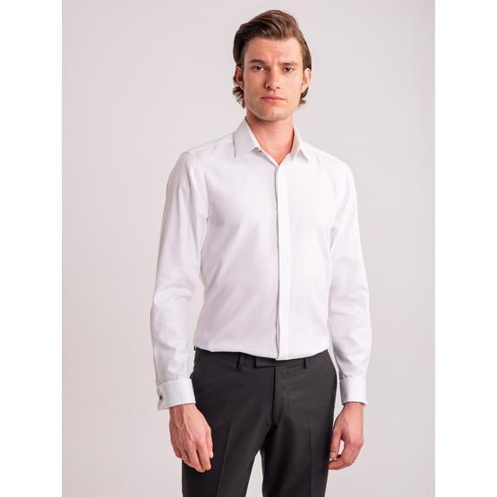 Dufy Beyaz Çi̇zgi̇li̇ Pamuklu Gi̇zli̇ Düğmeli̇ Klasi̇k Slim Fit Erkek Gömlek