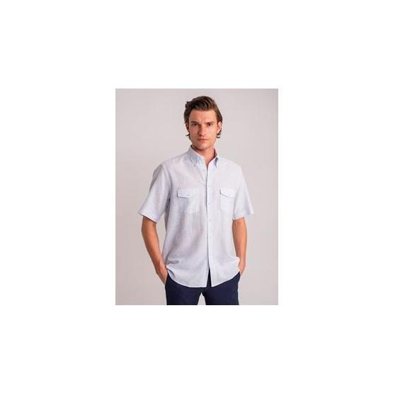 Dufy Mavı̇ Çı̇zgı̇lı̇ Keten Karışımlı Kısa Kol Regular Fit Erkek Gömlek